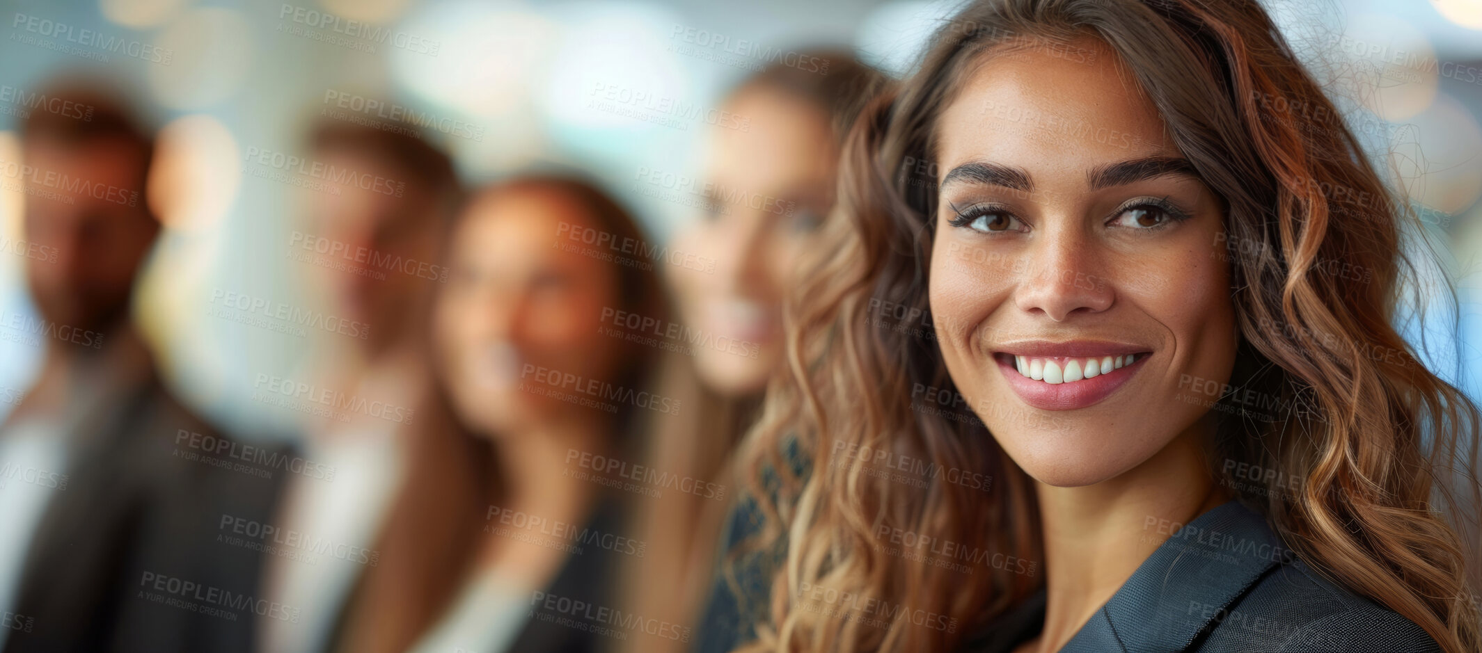 Buy stock photo Business, portrait and woman with support in group, cooperation with synergy or attorney in Brazil law firm. Face, smile or people with manager, diversity or legal startup with collaboration banner