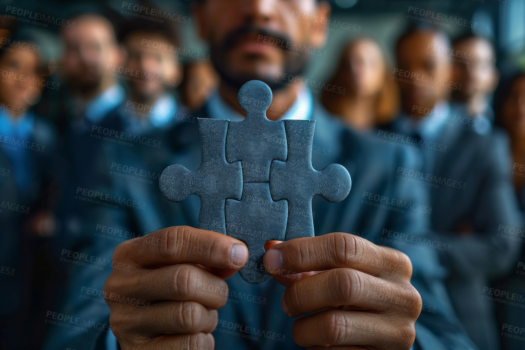 Buy stock photo Businessman, hands and team with puzzle piece for problem solving, building or solution at office. Closeup of man or employee holding jigsaw, shape or square for complex brainstorming at workplace