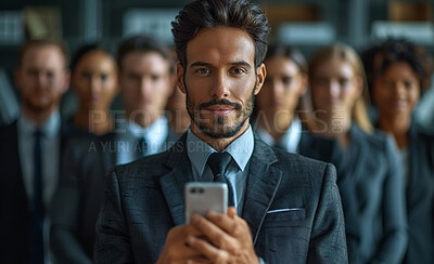 Group, manager and portrait of businessman on mobile for technology, news update and networking. Professional, internship or team leader with phone for research, social media and connection in Canada