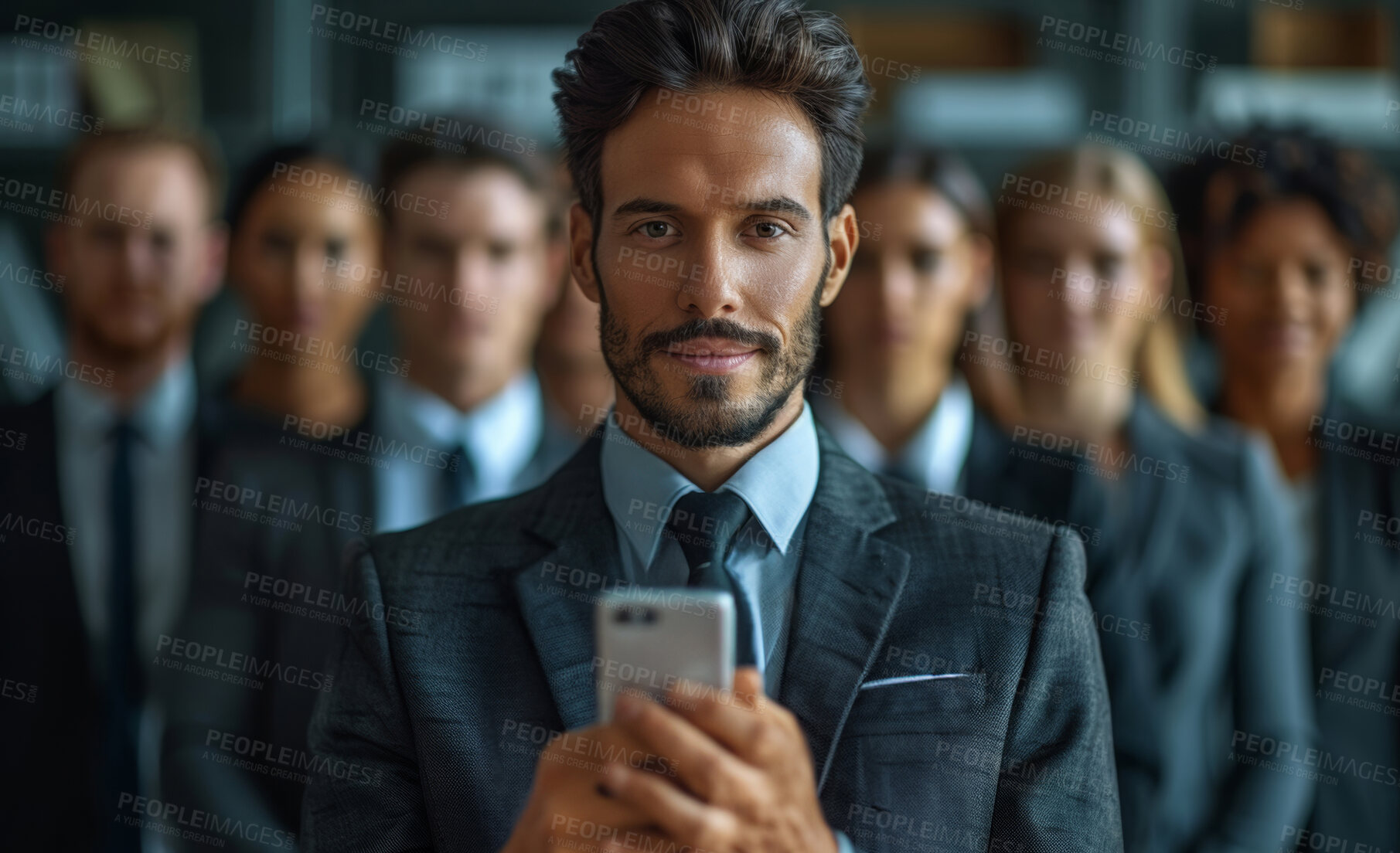 Buy stock photo Group, manager and portrait of businessman on mobile for technology, news update and networking. Professional, internship or team leader with phone for research, social media and connection in Canada