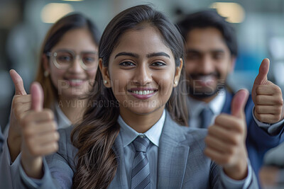 Thumbs up, business woman and leader with agreement, success or support with team at workplace. Portrait, smile and hand gesture for feedback, review or vote with office politics and collaboration