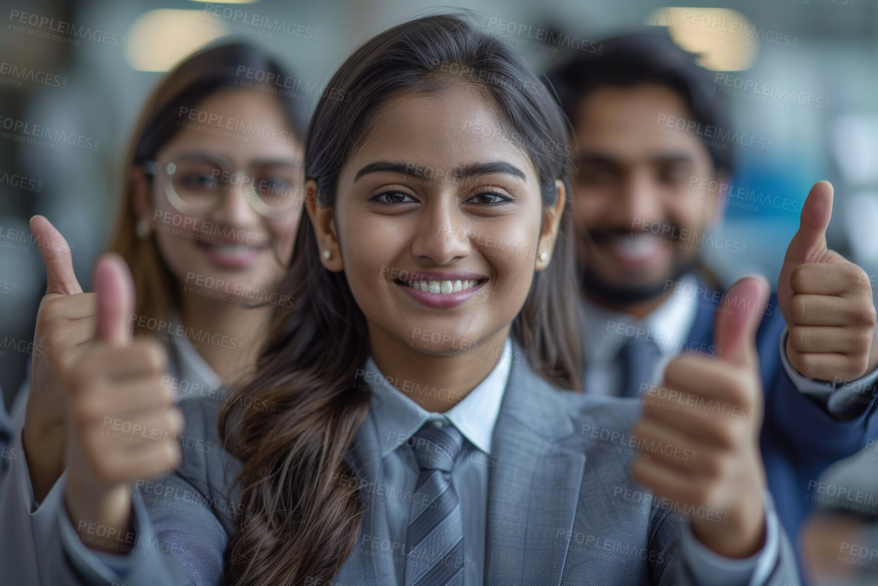 Buy stock photo Thumbs up, business woman and leader with agreement, success or support with team at workplace. Portrait, smile and hand gesture for feedback, review or vote with office politics and collaboration