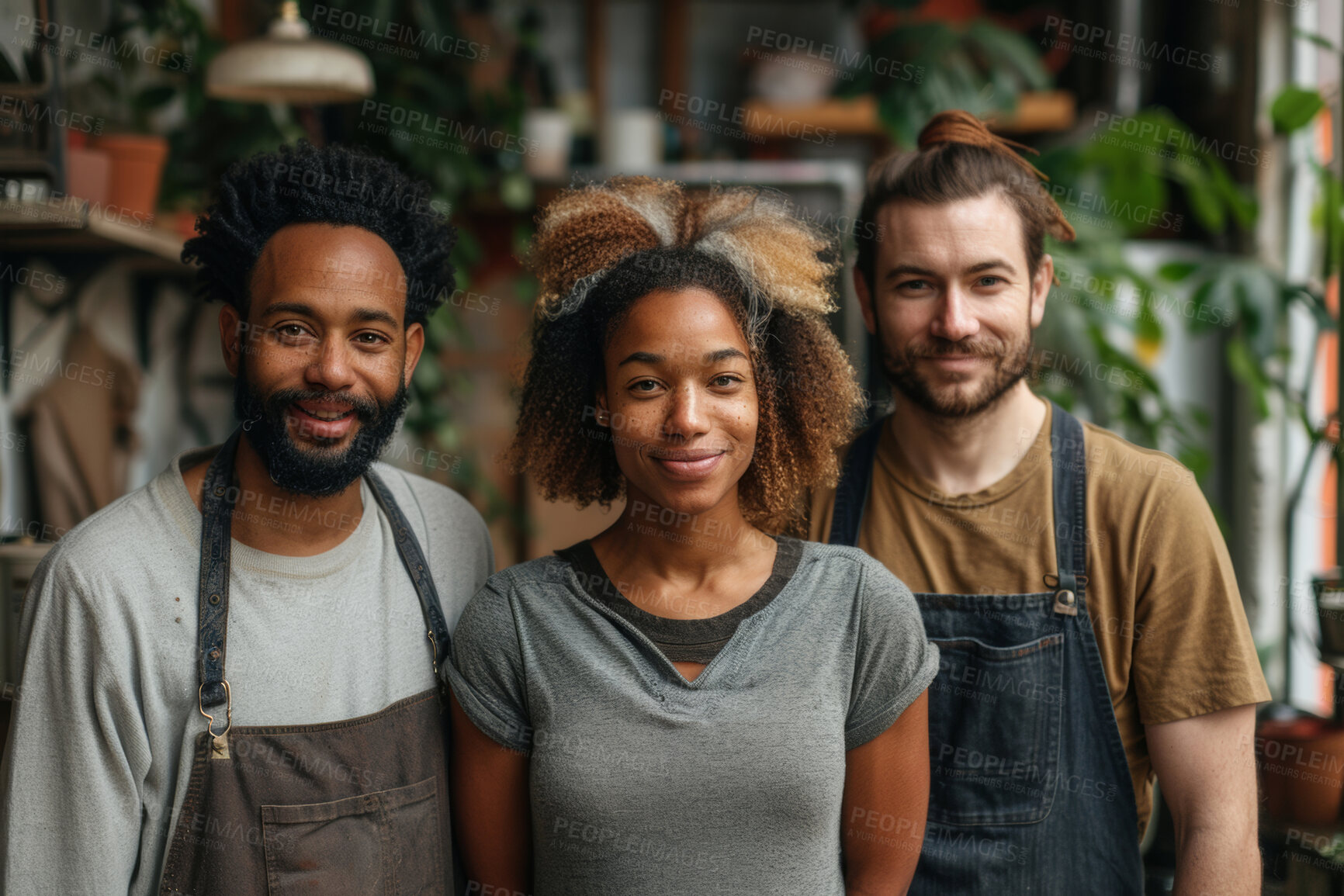 Buy stock photo Creative people, portrait and pottery business with team for career, ambition or startup at store. Group of happy employees with smile in affirmative action for diversity or inclusion in plant shop 