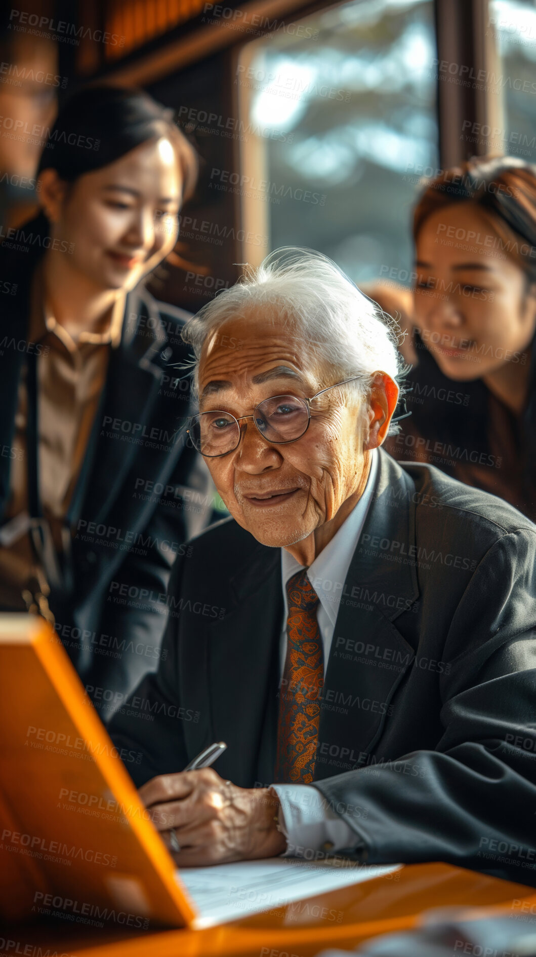 Buy stock photo Lawyer, senior man and group to sign contract, documents or reading in office for decision in consultation. Chinese attorney, advocate or legal professional with women, paperwork or notes in Shanghai