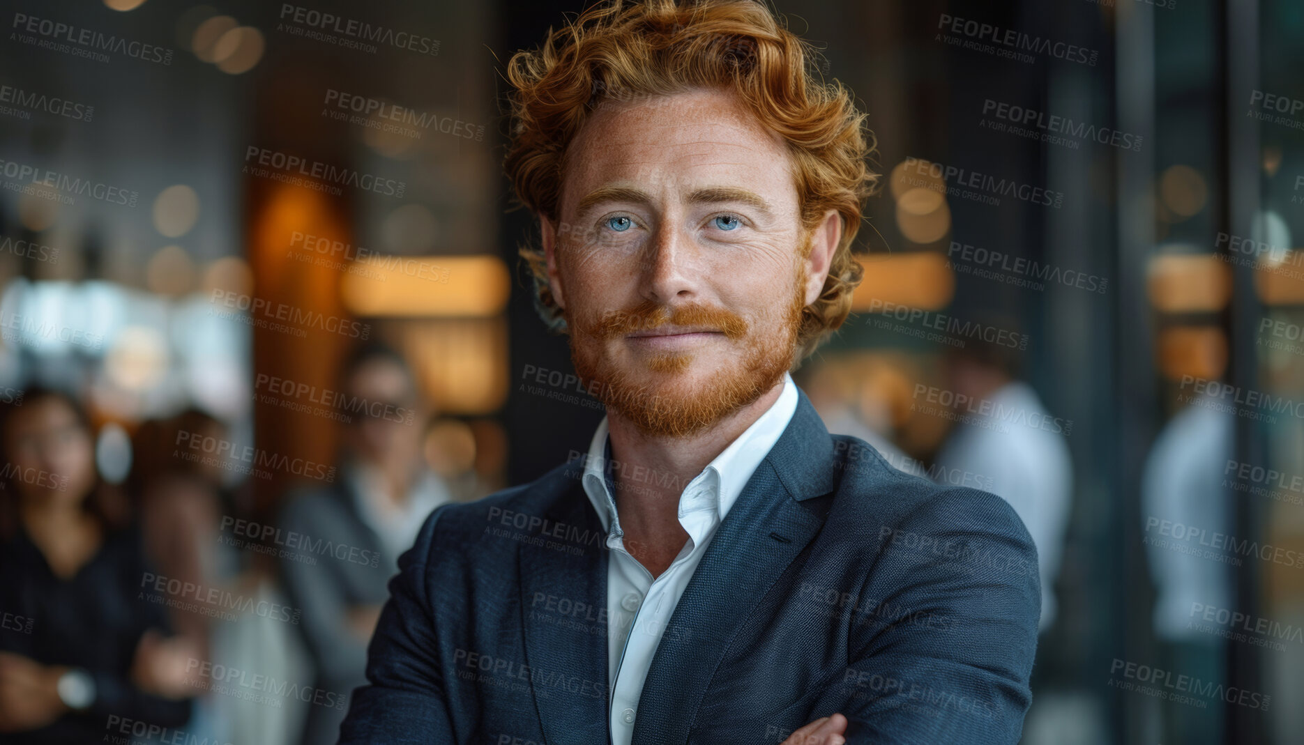 Buy stock photo Man, arms crossed and portrait in office with business people, staff and group with pride for leadership. Entrepreneur, person and happy with confidence in workplace with suit at company in Dublin