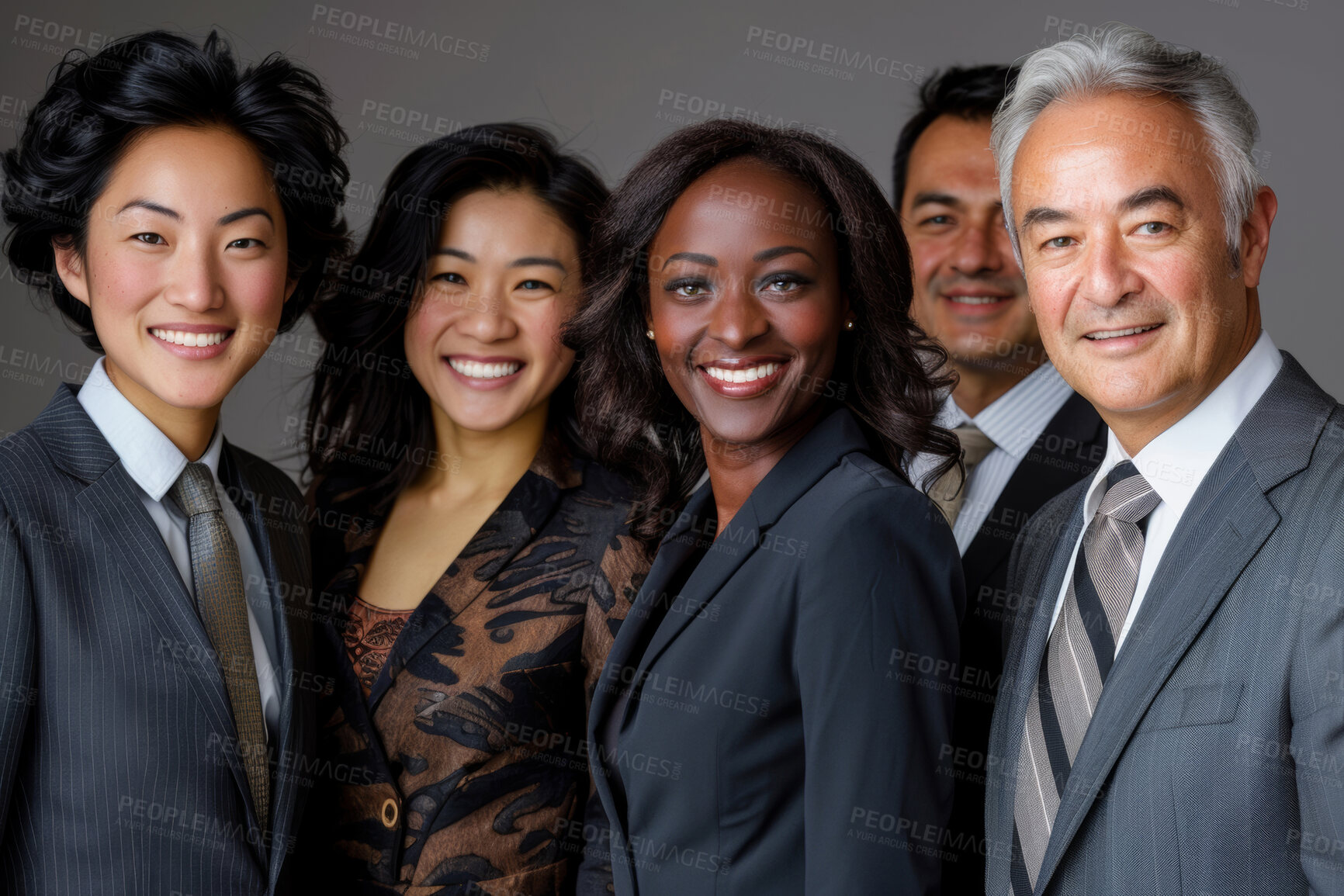 Buy stock photo Portrait, business people and support with smile, group and cooperation with synergy, attorney or legal aid company. Face, men or women with manager, diversity or startup with leader or collaboration