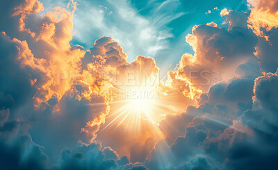 Clouds, heaven and sky with sun of God in belief, faith or spiritual religion at sunset. Abstract, background and wallpaper with light or colorful cloudy weather in air for peace, praise or worship