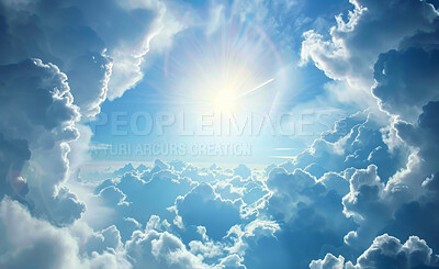 Clouds, heaven and sky with light of God in belief, faith or spiritual religion at sunset. Abstract, background and wallpaper with sun or colorful cloudy weather in air for peace, praise or worship