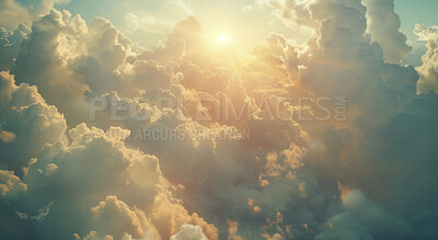 Clouds, heaven and sky with bright sunlight of God in belief, faith or spiritual religion at sunset. Abstract, background and wallpaper with cloudy weather in morning for peace, praise or worship