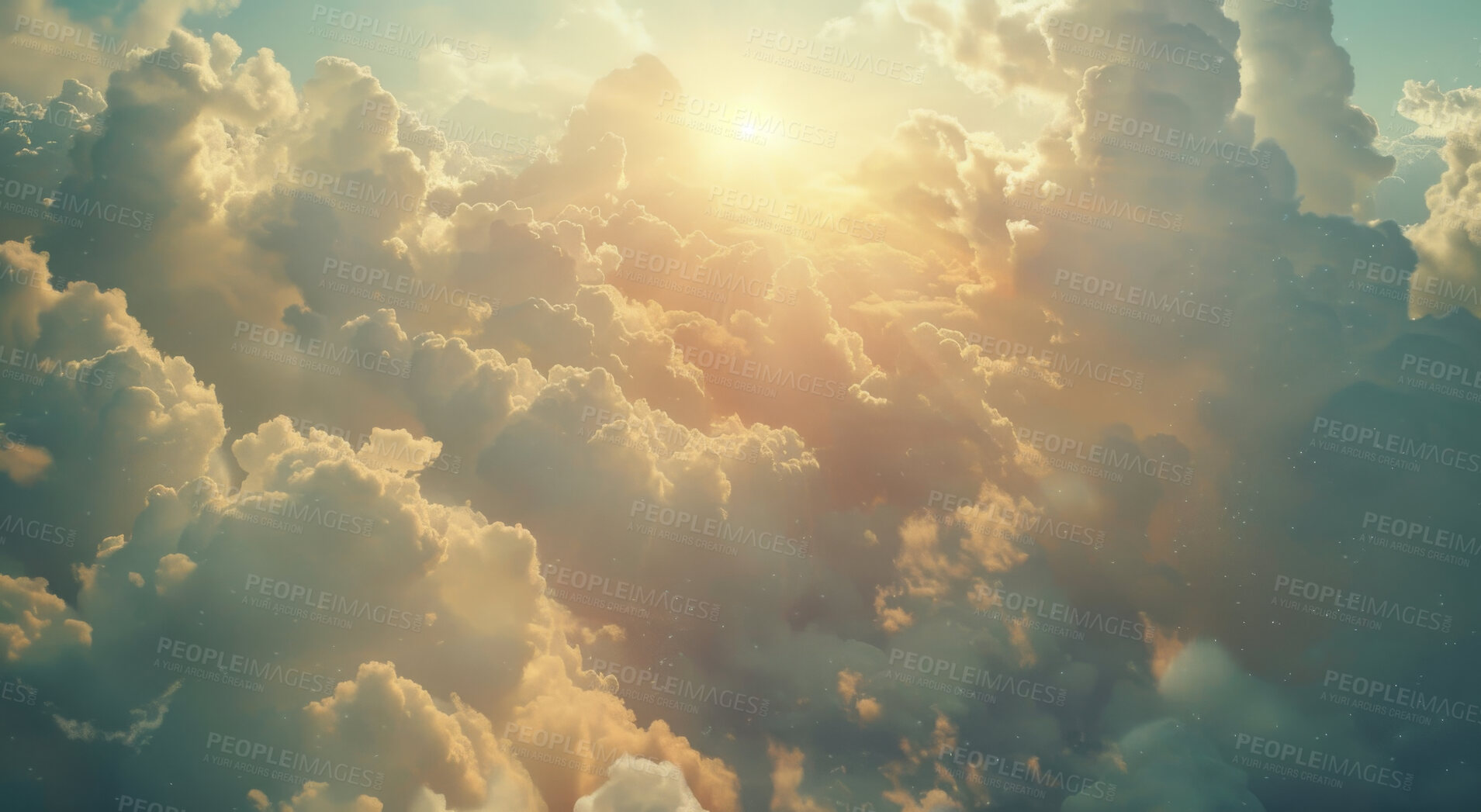 Buy stock photo Clouds, heaven and sky with bright sunlight of God in belief, faith or spiritual religion at sunset. Abstract, background and wallpaper with cloudy weather in morning for peace, praise or worship