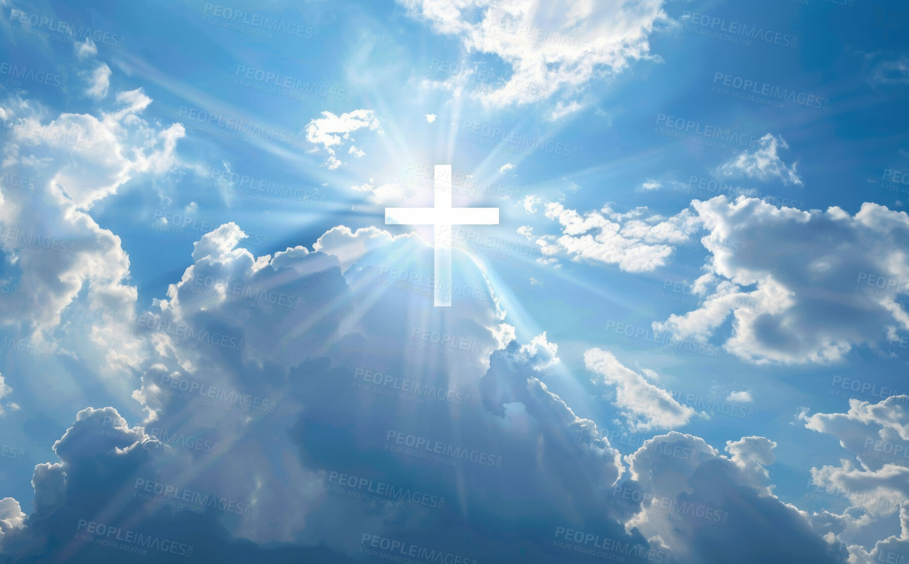 Buy stock photo Clouds, cross and heaven with symbol of God in belief, faith or spiritual religion at light. Abstract, background and wallpaper with crucifix sign or miracle in air for peace, praise or worship