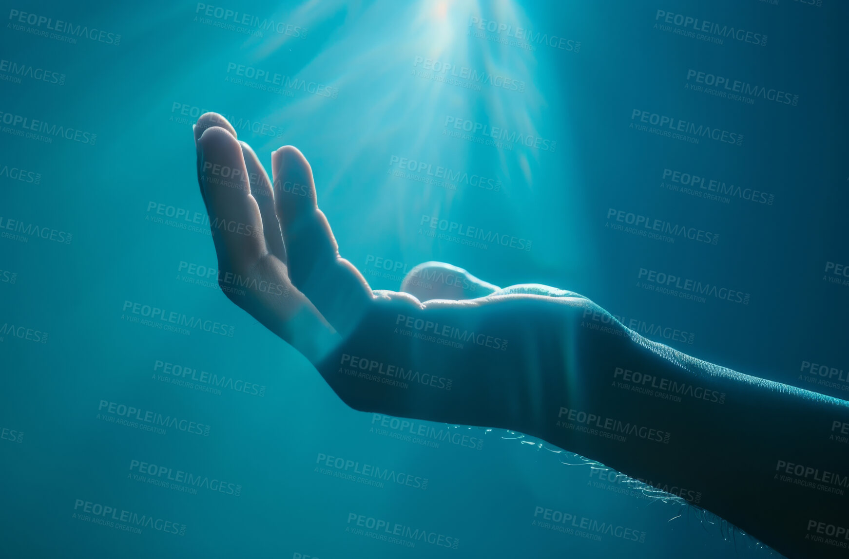 Buy stock photo Hand, light and faith with prayer or worship for belief, trust in god or Jesus. Fingers, palm and sunshine for spiritual or religion with christ, reaching for heaven or help on blue background