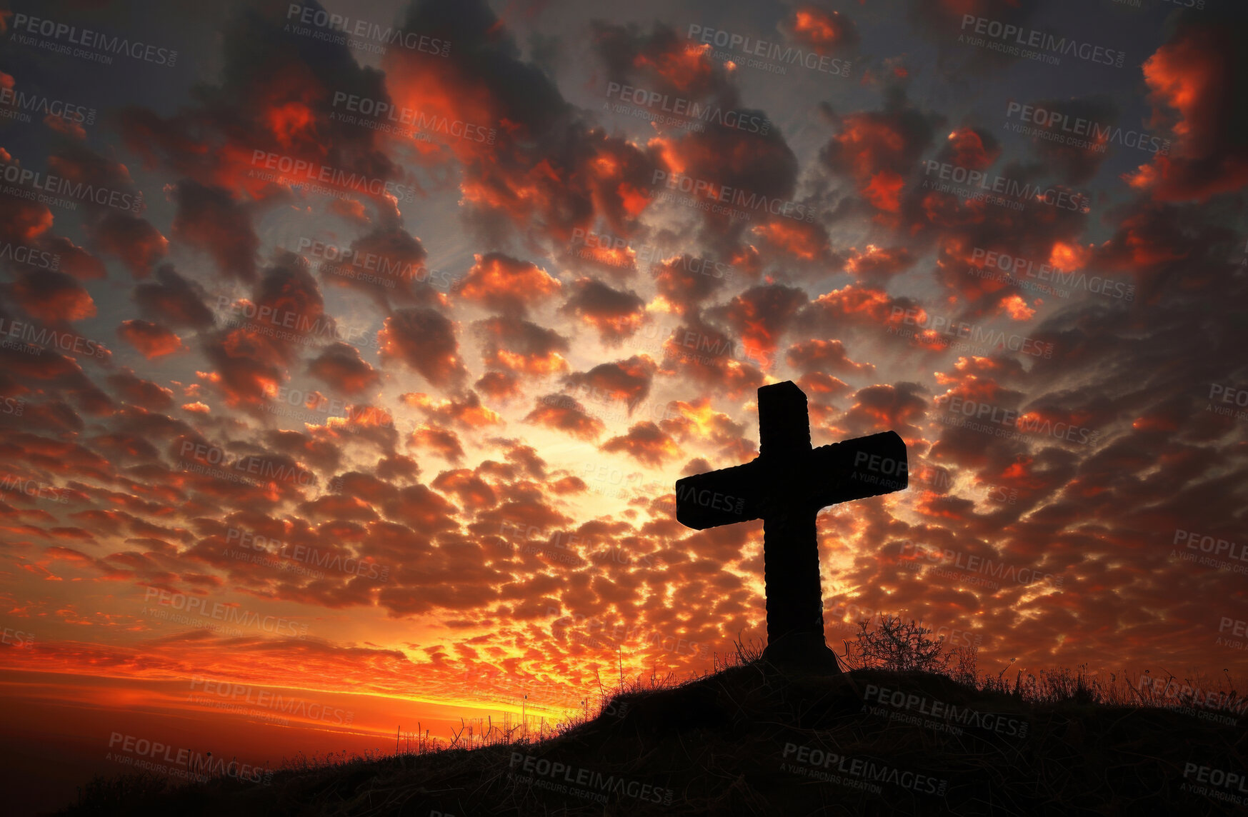 Buy stock photo Outdoor, sunset and cross for religion, sky and spiritual with clouds, silhouette and symbol for forgiveness. Compassion, worship and countryside with Christian icon, resurrection and holy with faith