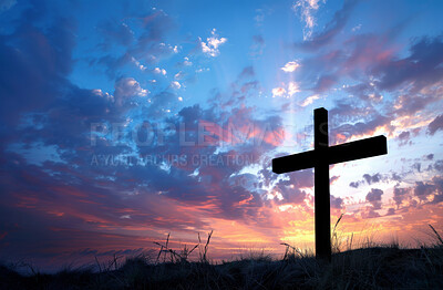 Clouds, sunset and cross for religion, spiritual and faith with silhouette and symbol for forgiveness. Compassion, worship or countryside with Christianity, resurrection and holy with Easter or field