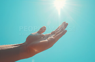 Hand, water and sun with reflection for natural light, element or sustainability in nature. Closeup of person or palm reaching for sunshine under blue aqua, sea or ocean in hope or faith on mockup