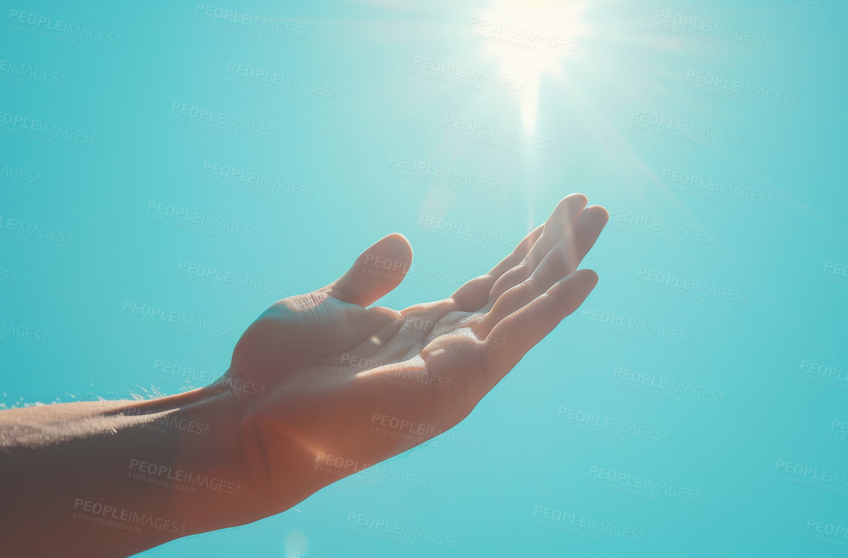 Buy stock photo Hand, water and sun with reflection for natural light, element or sustainability in nature. Closeup of person or palm reaching for sunshine under blue aqua, sea or ocean in hope or faith on mockup