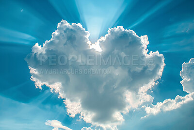 Heart cloud, heaven and God in sky for belief, faith or spiritual religion at sunset. Abstract, background and wallpaper with cloudy sign, symbol or weather in air for peace, praise or worship