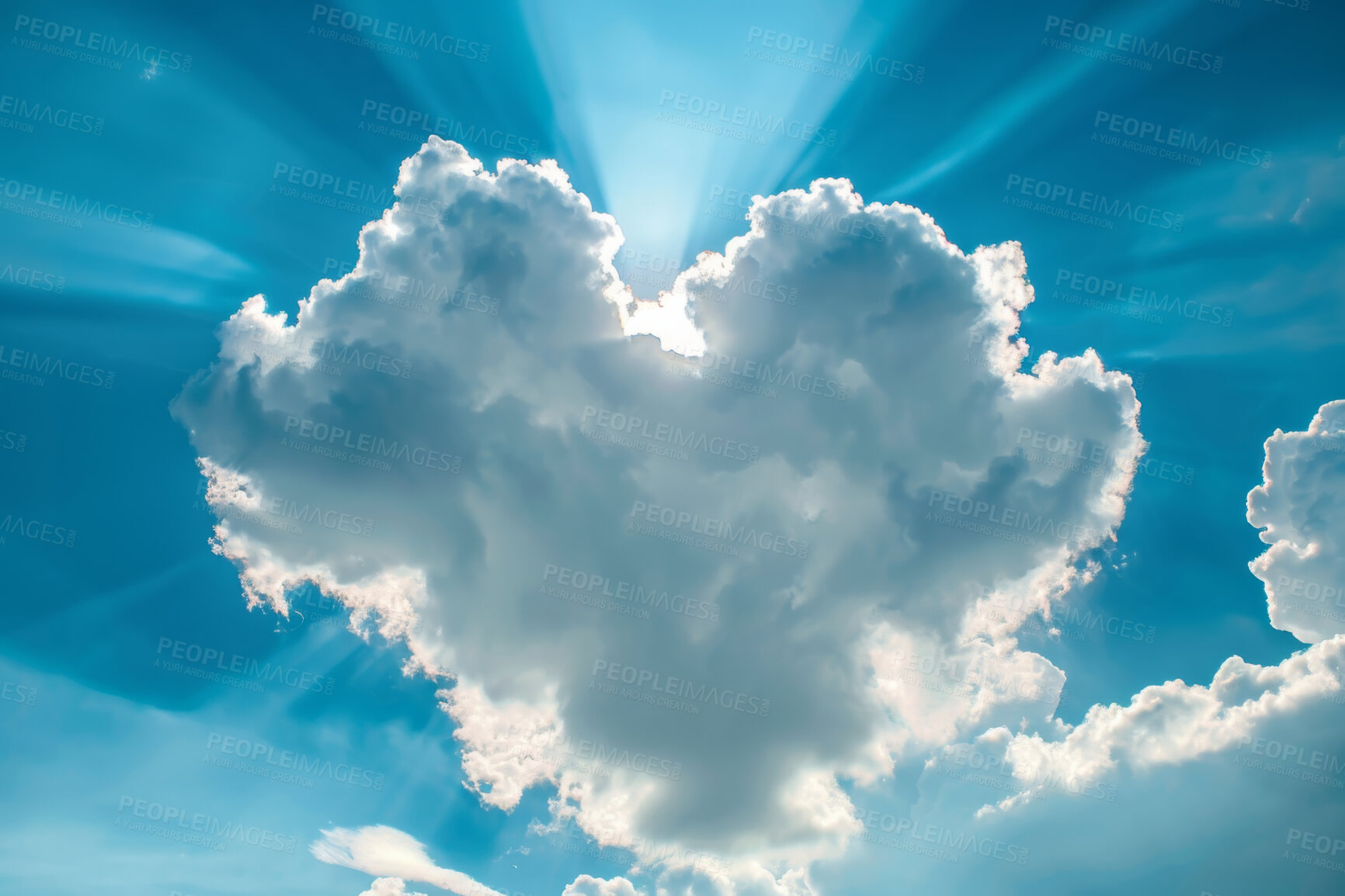 Buy stock photo Heart cloud, heaven and God in sky for belief, faith or spiritual religion at sunset. Abstract, background and wallpaper with cloudy sign, symbol or weather in air for peace, praise or worship