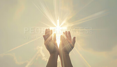 Hands, palm and cross with light or religion hope for Christianity belief, enlightenment or prayer. Person, fingers and God mercy in clouds with sunshine or gratitude praise or Jesus, help or worship