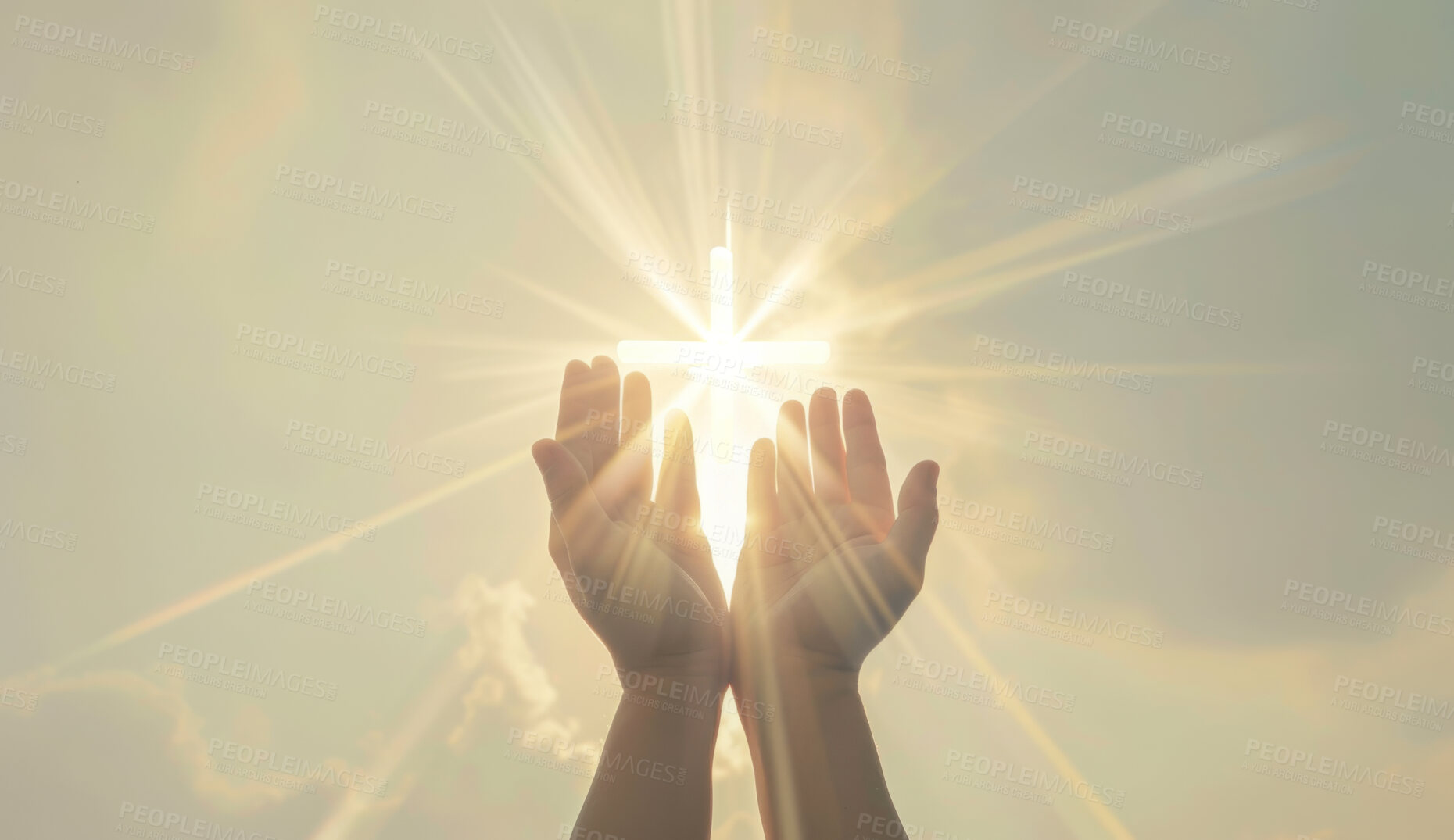 Buy stock photo Hands, palm and cross with light or religion hope for Christianity belief, enlightenment or prayer. Person, fingers and God mercy in clouds with sunshine or gratitude praise or Jesus, help or worship