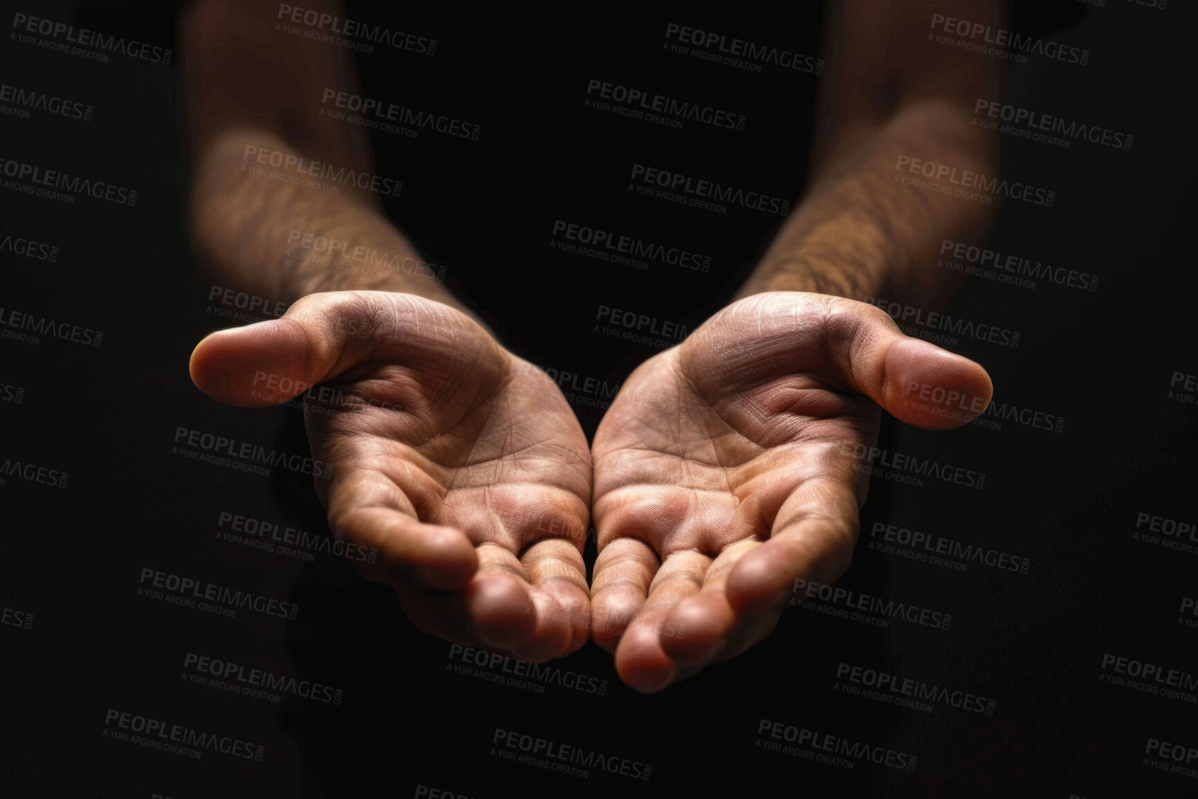 Buy stock photo Person, hands and praying with faith for religion, god or submission on a dark studio background. Closeup of prayer with light on palms together for hope, charity or care in support, peace or offer