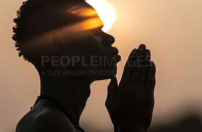 Man, relax and praying with hands together in sunset for faith, religion or god in outdoor nature. Silhouette of male person or prayer in submission to creator for holy light, Christianity or worship