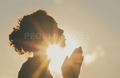 Woman, praying and sunset with hands together for faith, religion or god in outdoor nature. Silhouette of female person or prayer in submission to creator for holy light, Christianity or worship