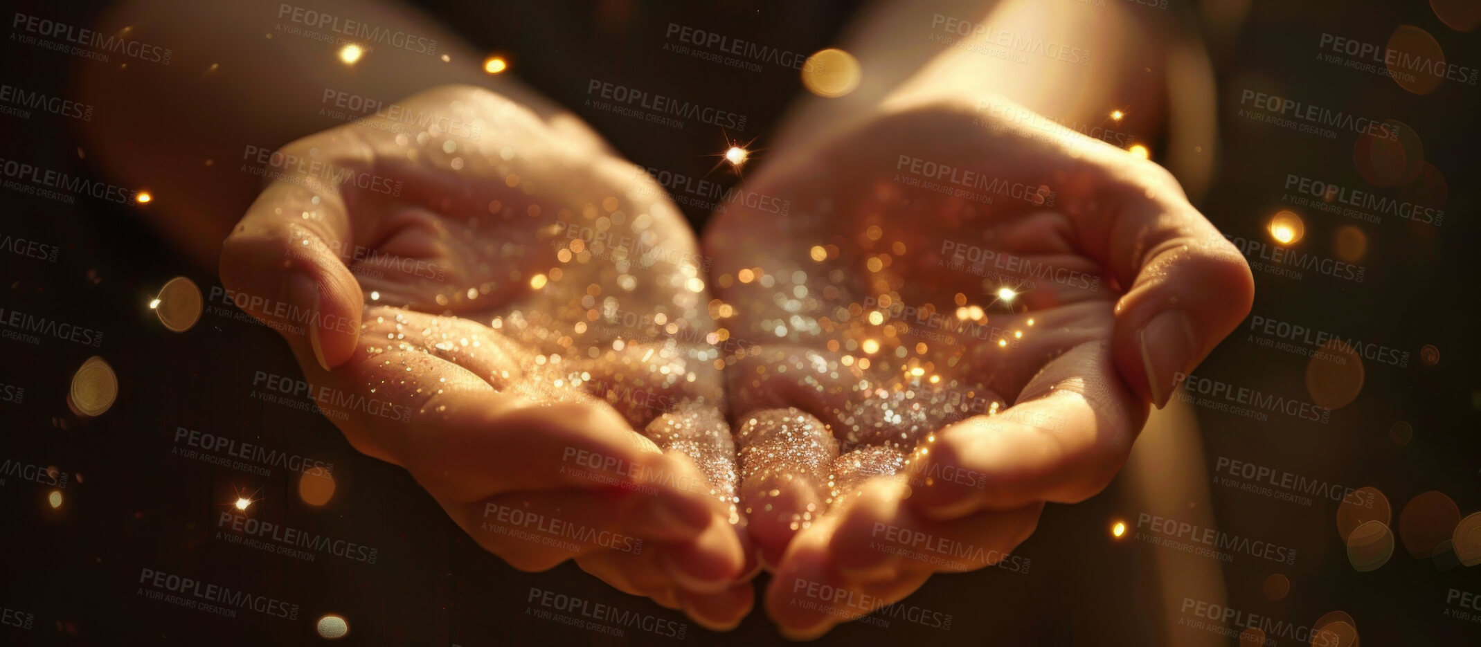 Buy stock photo Offer, prayer and glitter in hands of person closeup for belief or faith in God with miracle stars. Galaxy, magic and universe in palm of adult praying for praise or worship as tradition of religion