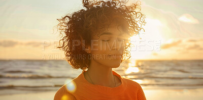 Woman, calm and sunrise with meditation on beach for prayer, fresh air and spiritual in nature. Breathe, person or peaceful by ocean for sunset worship, holistic faith or lens flare with christianity