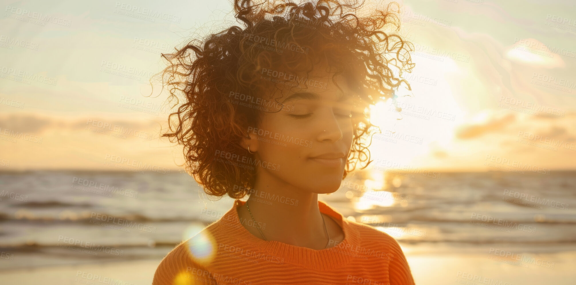 Buy stock photo Woman, calm and sunrise with meditation on beach for prayer, fresh air and spiritual in nature. Breathe, person or peaceful by ocean for sunset worship, holistic faith or lens flare with christianity