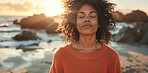 Woman, calm and meditation with breathing on beach for prayer, fresh air or spiritual yoga in nature. Faith, person and peaceful by ocean for sunset worship, holistic mindset or zen with christianity