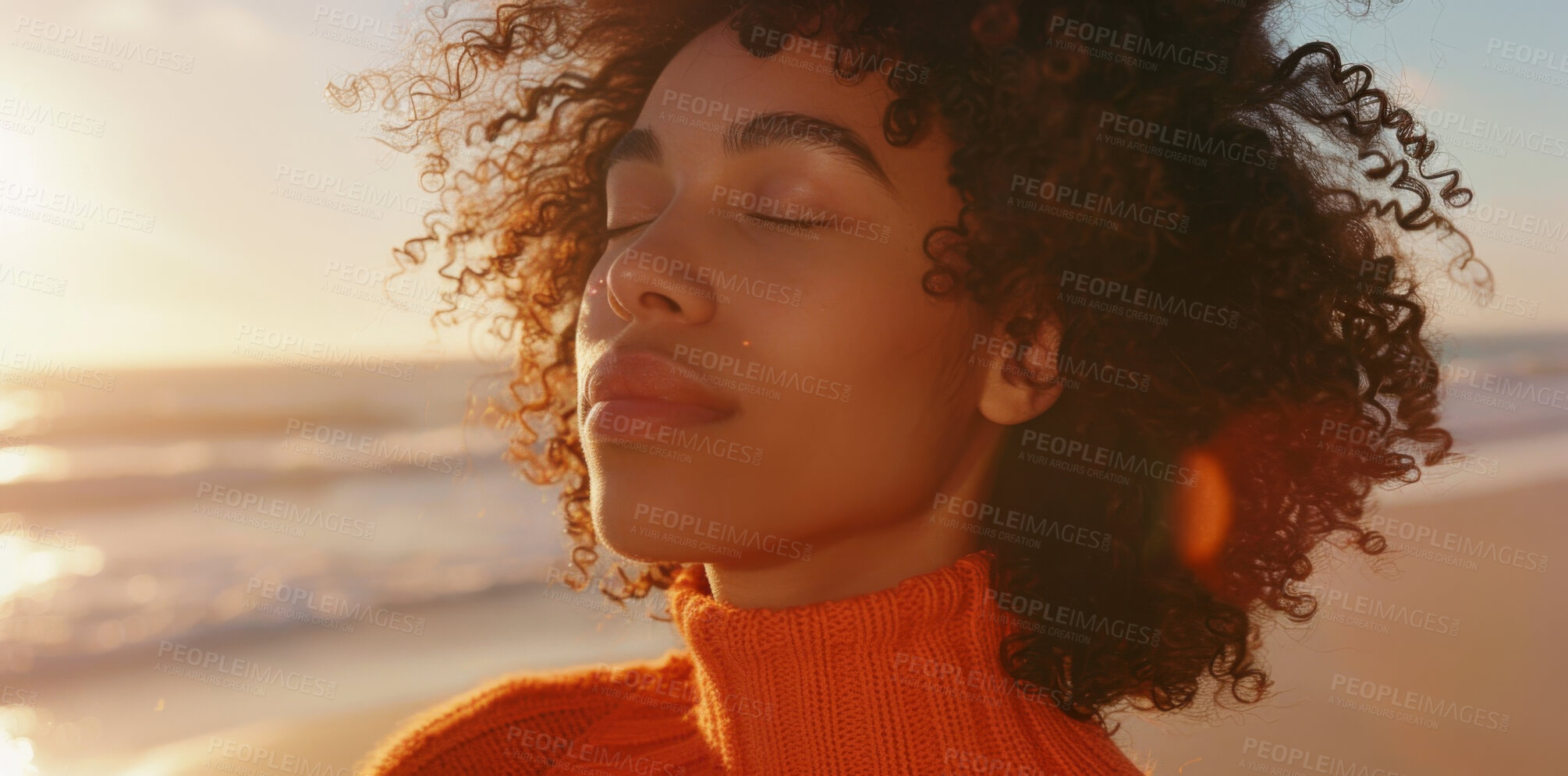 Buy stock photo Woman, calm and spiritual with breathing on beach for prayer, fresh air and sunrise in nature. Meditation, person and peaceful by ocean for sunset worship, holistic faith and zen with christianity