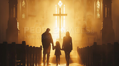 Family, church and light with cross for christianity, god or religion together on holy Sunday. Rear view of christian mother, father and child walking in cathedral for worship or pray to Jesus Christ