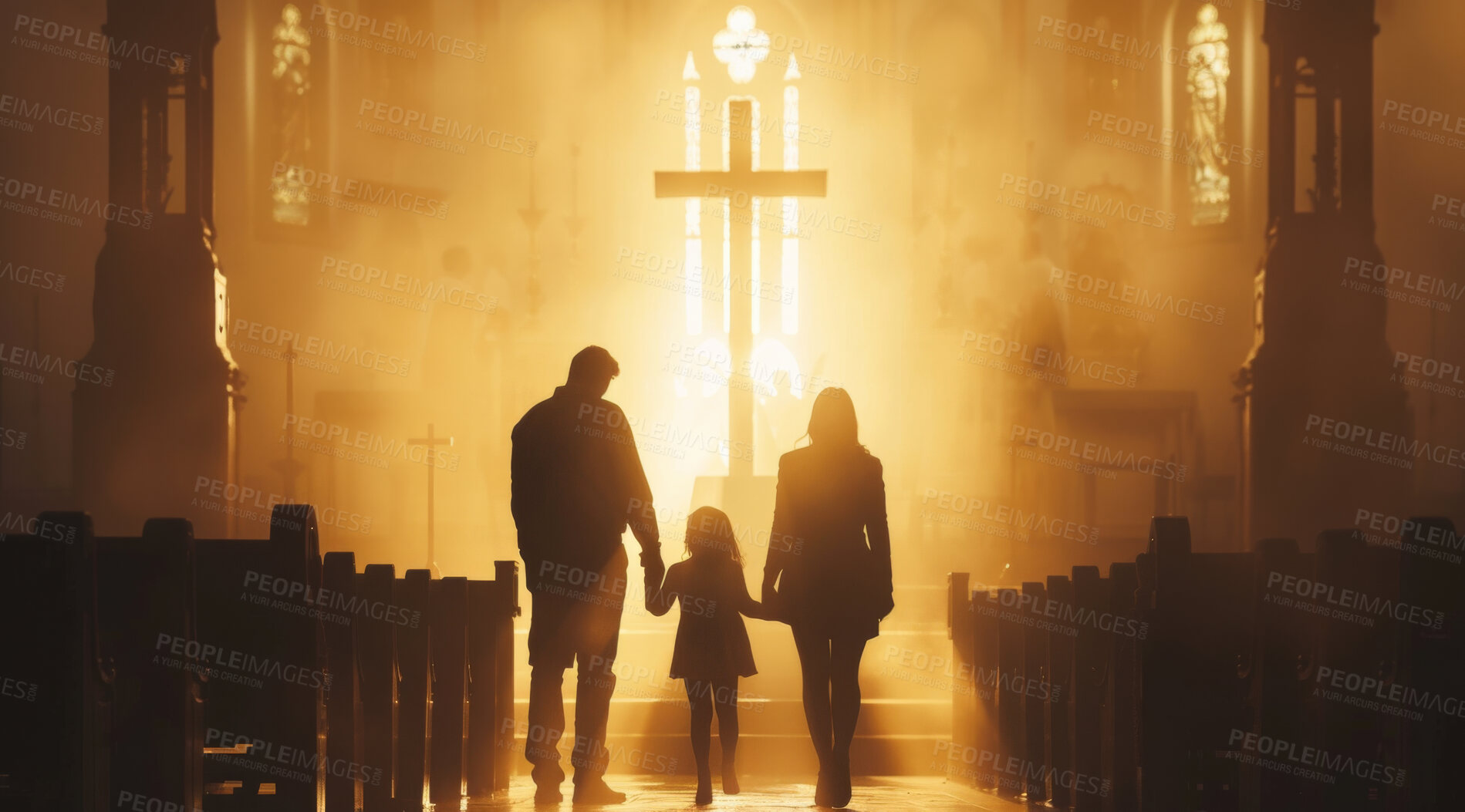 Buy stock photo Family, church and light with cross for christianity, god or religion together on holy Sunday. Rear view of christian mother, father and child walking in cathedral for worship or pray to Jesus Christ