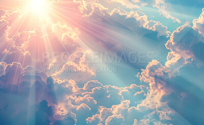 Clouds, heaven and sky with flare of God in belief, faith or spiritual religion at sunset. Abstract, background and wallpaper with bright light or summer weather in air for peace, praise or worship