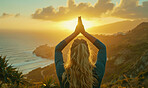 God, sunset and woman with praying on mountain for freedom, spiritual guidance and awareness. Christian, female person and hands with worship in nature for peace, gratitude and healing in religion