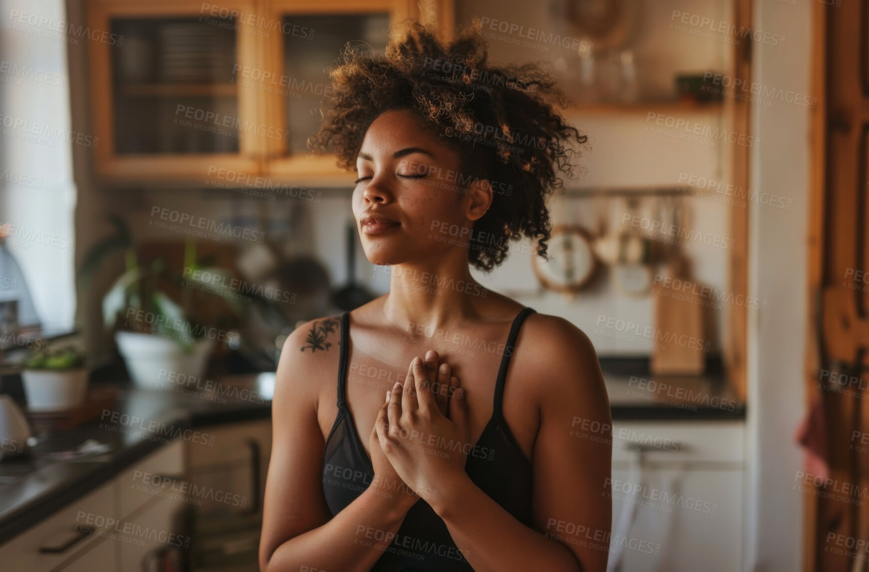 Buy stock photo Calm, breathing and woman in home for peace, gratitude and zen in kitchen for meditation. Relax, praying and female person with grateful gesture in morning for dreaming or grounding at apartment.