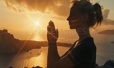 Christ, sunset and woman with praying on mountain for gratitude, spiritual healing and awareness. God, christian person and hands with worship in nature for peace, support and guidance in faith