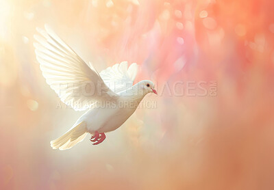 White dove, flying and wings for peace with spiritual wallpaper, mockup space or sign of hope. Bird, flight and symbol of new beginning, purity or honesty with illustration, creative art or Christian