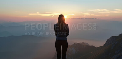 View, sunset and woman with nature, back and mountains with travelling, getaway trip and adventure. Mindful, person and girl with vacation, dusk and holiday for weekend break, peaceful and calm