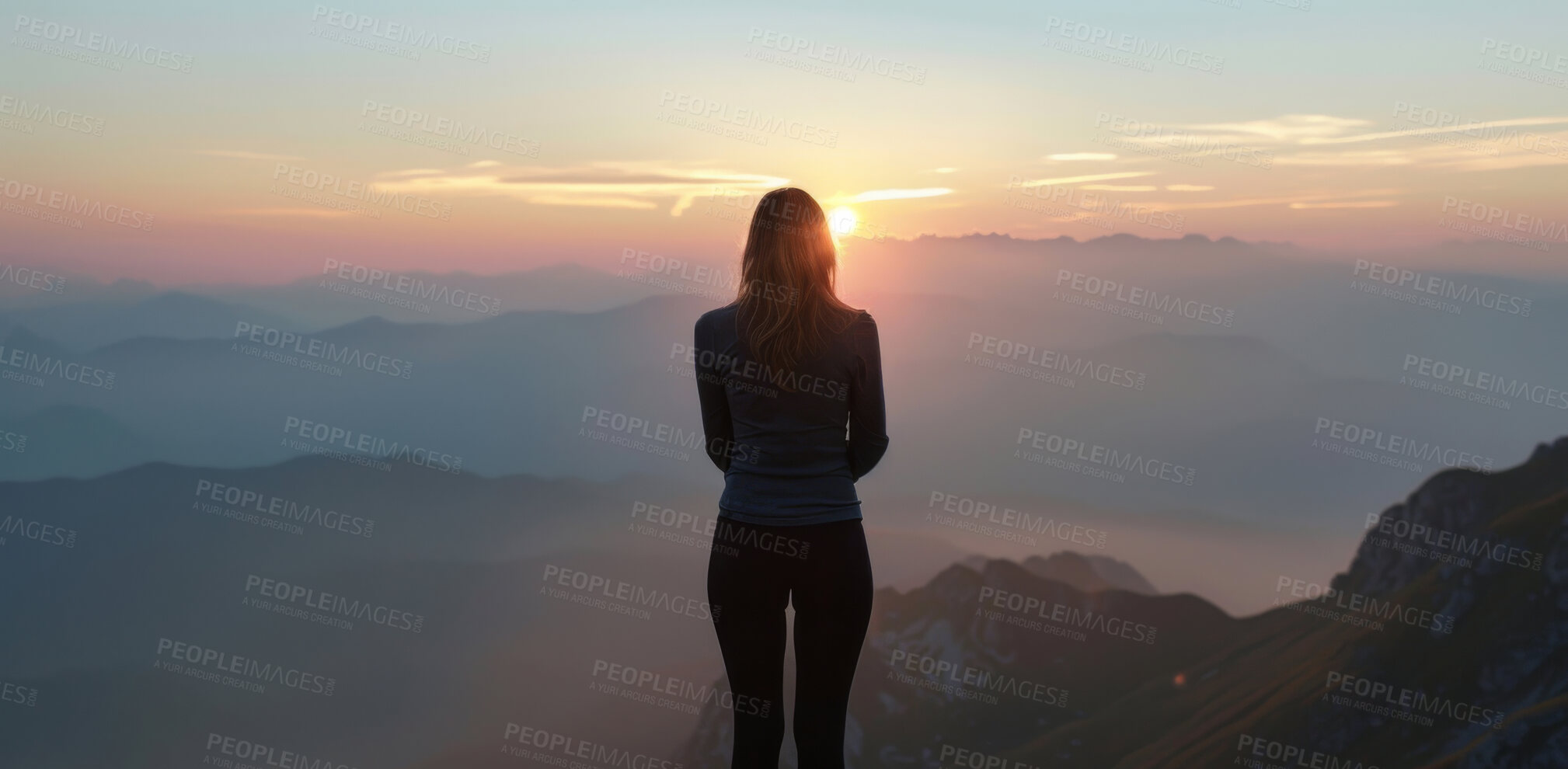 Buy stock photo View, sunset and woman with nature, back and mountains with travelling, getaway trip and adventure. Mindful, person and girl with vacation, dusk and holiday for weekend break, peaceful and calm