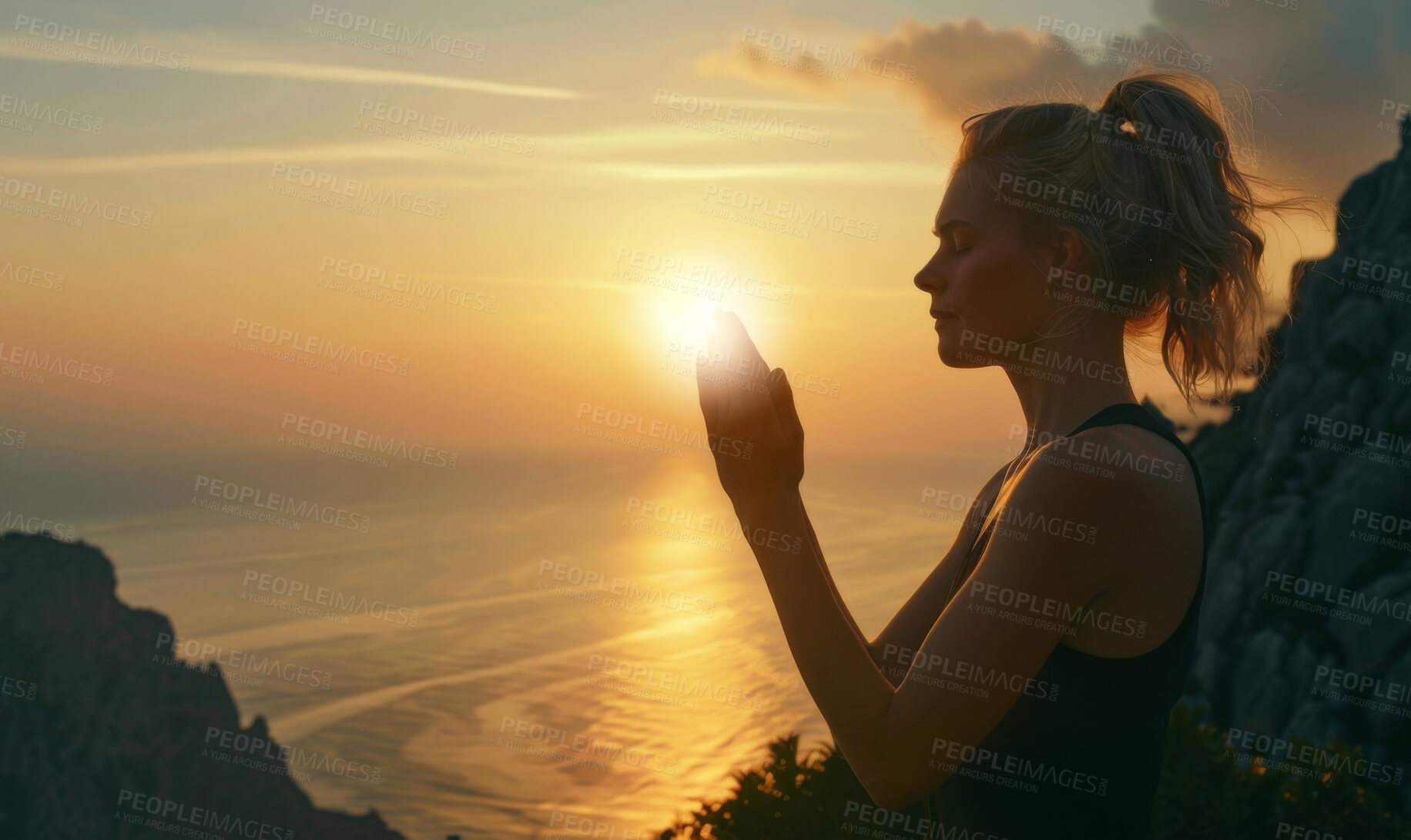 Buy stock photo Jesus, woman and praying on mountain at sunset for faith, spiritual guidance and gratitude. Christian person, God and prayer hands for worship in nature with peace, awareness and support in healing