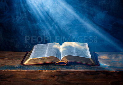 Open book, bible and sunlight on table for christianity with salvation from heaven, knowledge or trust in God. Holy story, religion study and light on scripture for spiritual healing, guide or gospel