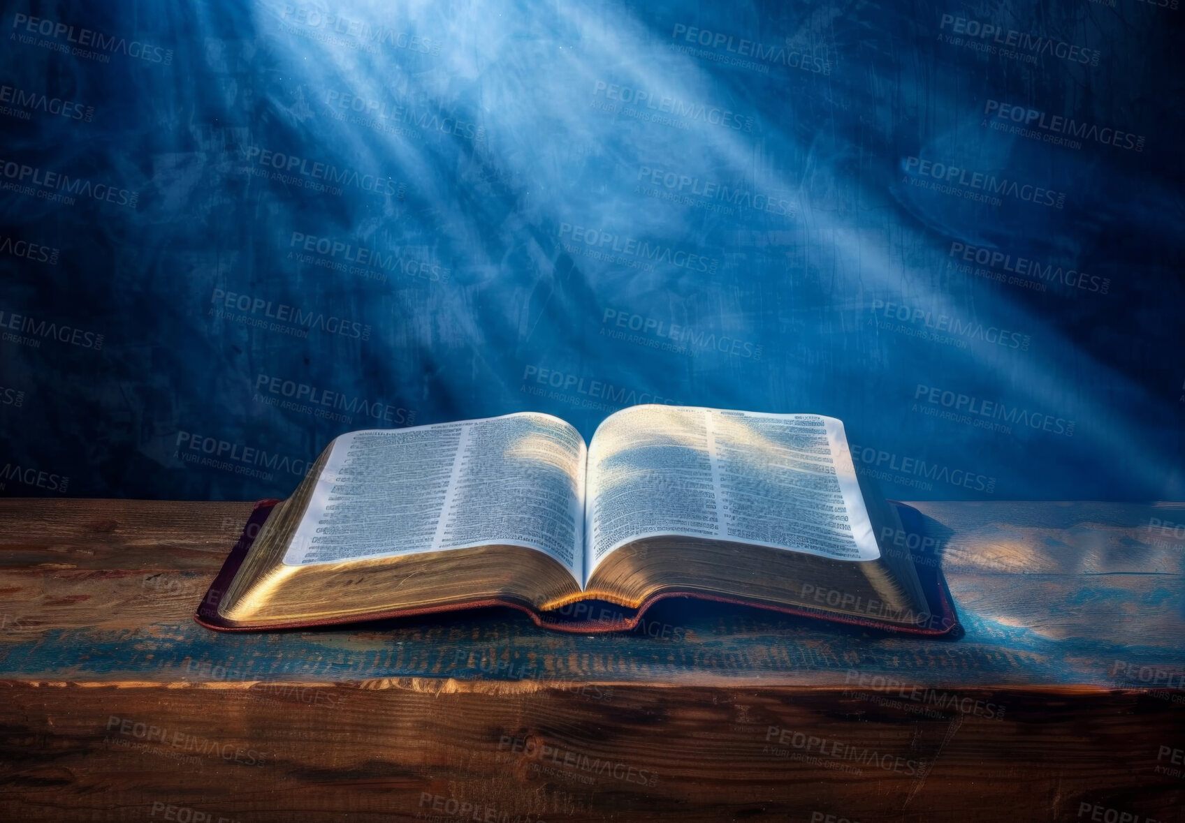 Buy stock photo Open book, bible and sunlight on table for christianity with salvation from heaven, knowledge or trust in God. Holy story, religion study and light on scripture for spiritual healing, guide or gospel