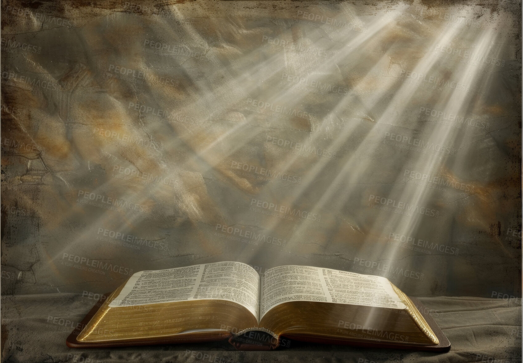 Buy stock photo Open book, bible and light on table for shine with salvation from heaven, knowledge and trust in Jesus. Holy story, religion study and sunlight on scripture for spiritual healing, guidance and prayer