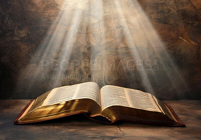 Open bible, shine and light on table with salvation from heaven, knowledge and trust in Jesus. Holy story, religion study and sunlight on scripture for spiritual healing, guidance and prayer to God