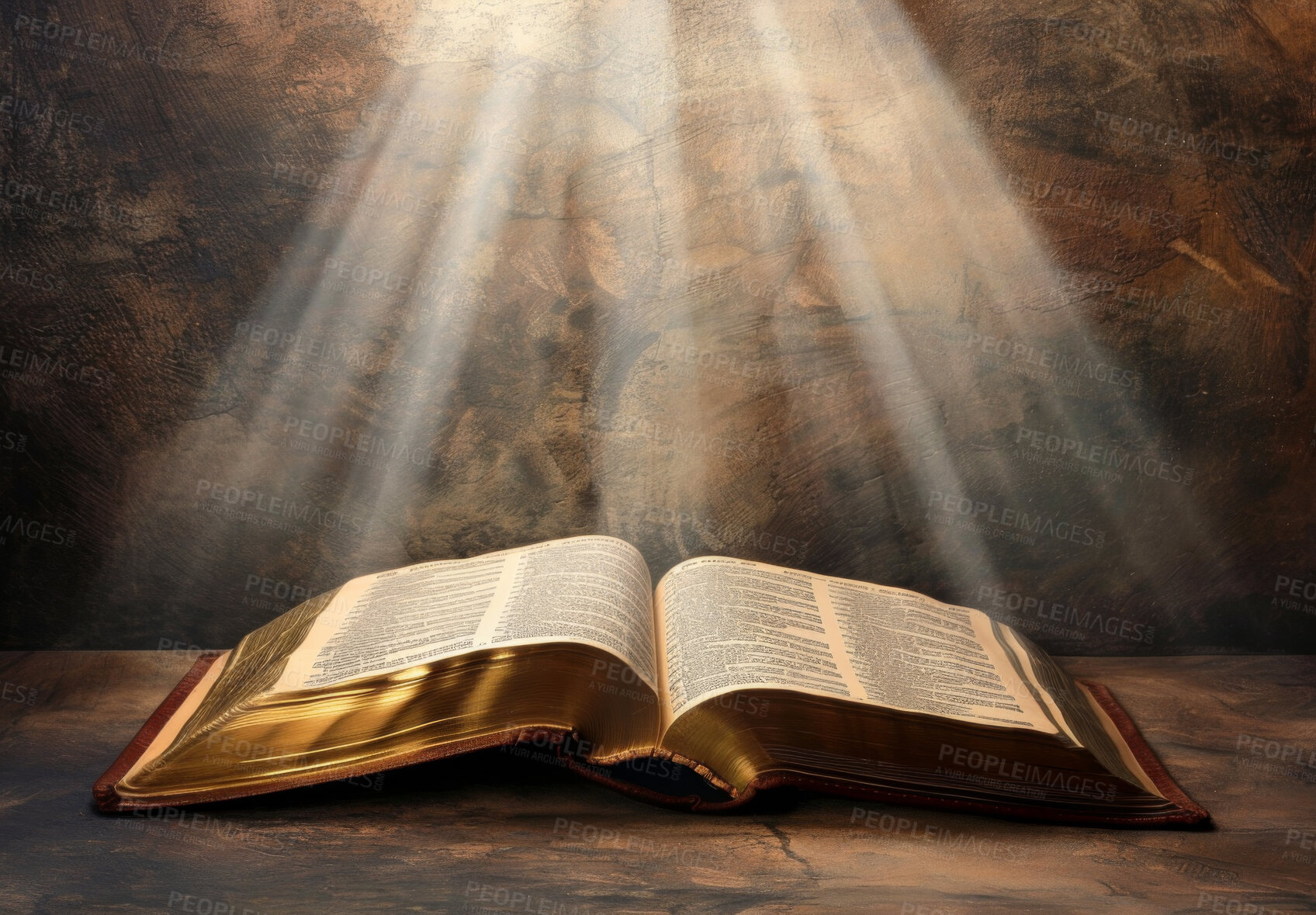 Buy stock photo Open book, bible and light on table with salvation from heaven, knowledge and trust in shine. Holy story, religion study and sunlight on scripture for spiritual healing, guidance and prayer to God