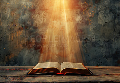 Open bible, book and light on table with salvation from heaven, knowledge and trust in Jesus. Holy story, religion study and sunlight on scripture for spiritual healing, guidance and prayer to God