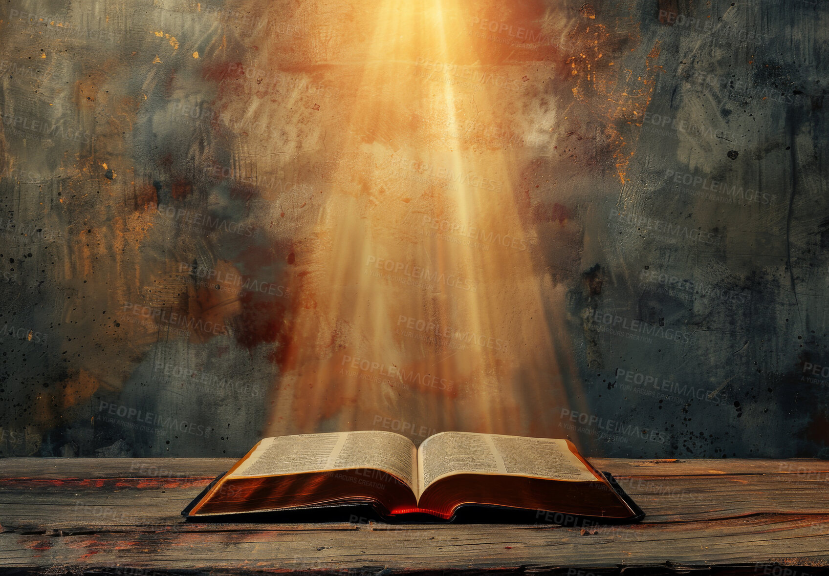 Buy stock photo Open bible, book and light on table with salvation from heaven, knowledge and trust in Jesus. Holy story, religion study and sunlight on scripture for spiritual healing, guidance and prayer to God