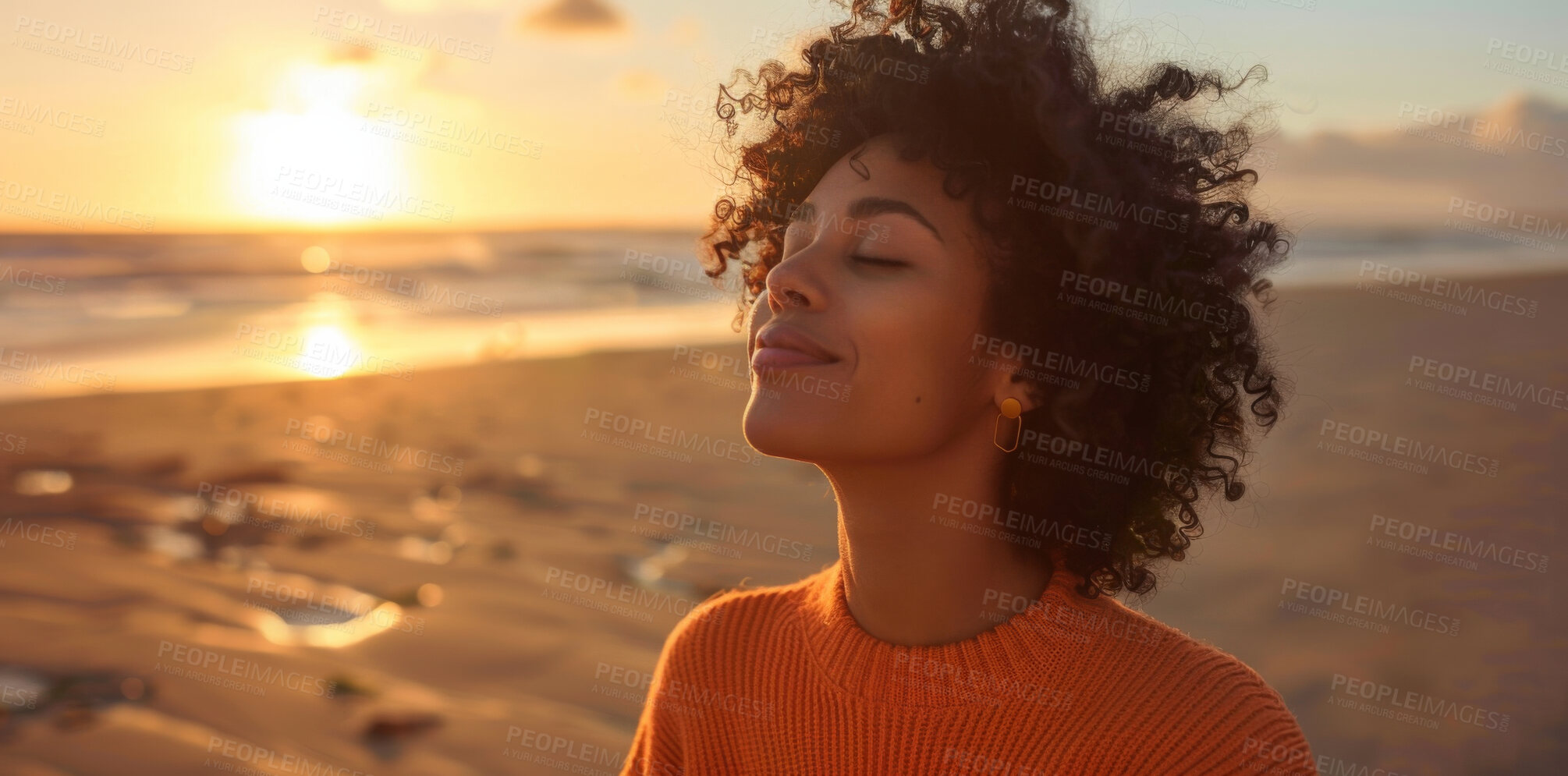 Buy stock photo Woman, smile and meditation with breathing on beach for prayer, fresh air or spiritual yoga in nature. Faith, person or peaceful by ocean for sunset worship, holistic mindset or zen with christianity